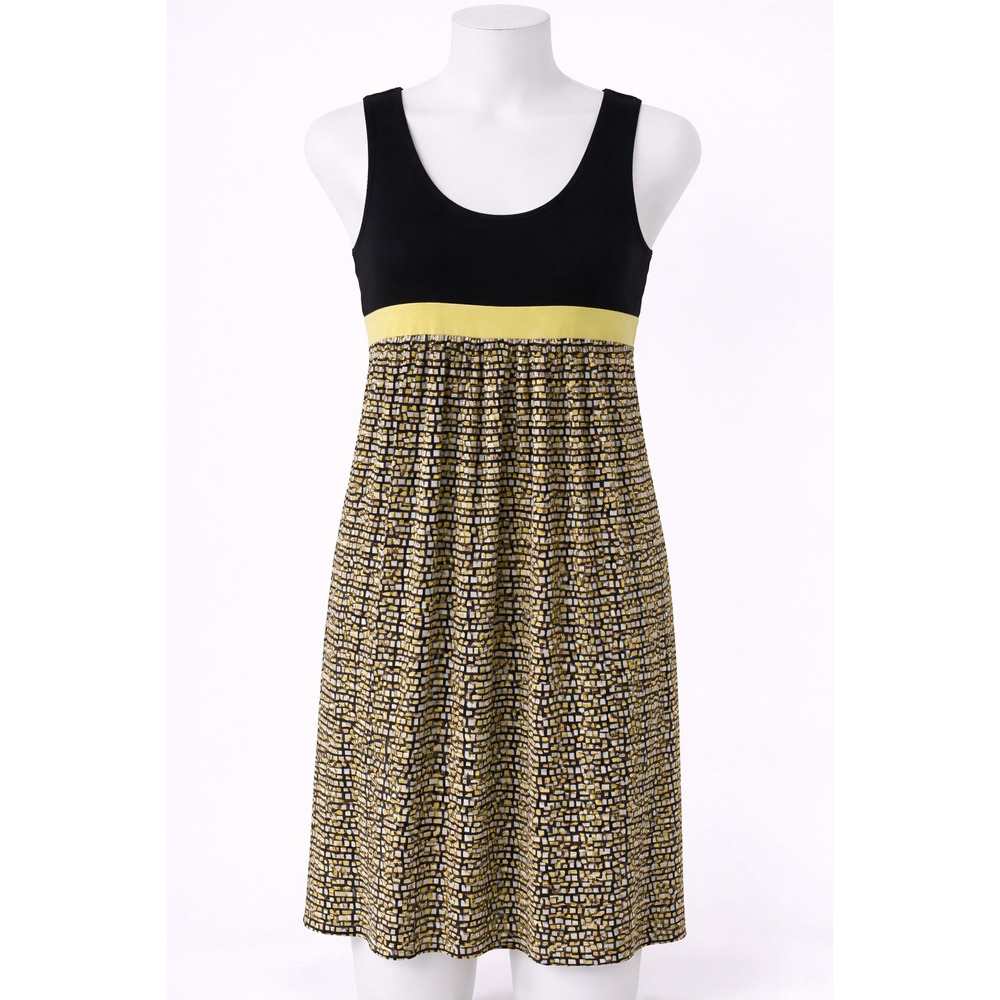 Sleeveless Empire Waist Geometric Print Dress Black Yellow White Scoop Neck